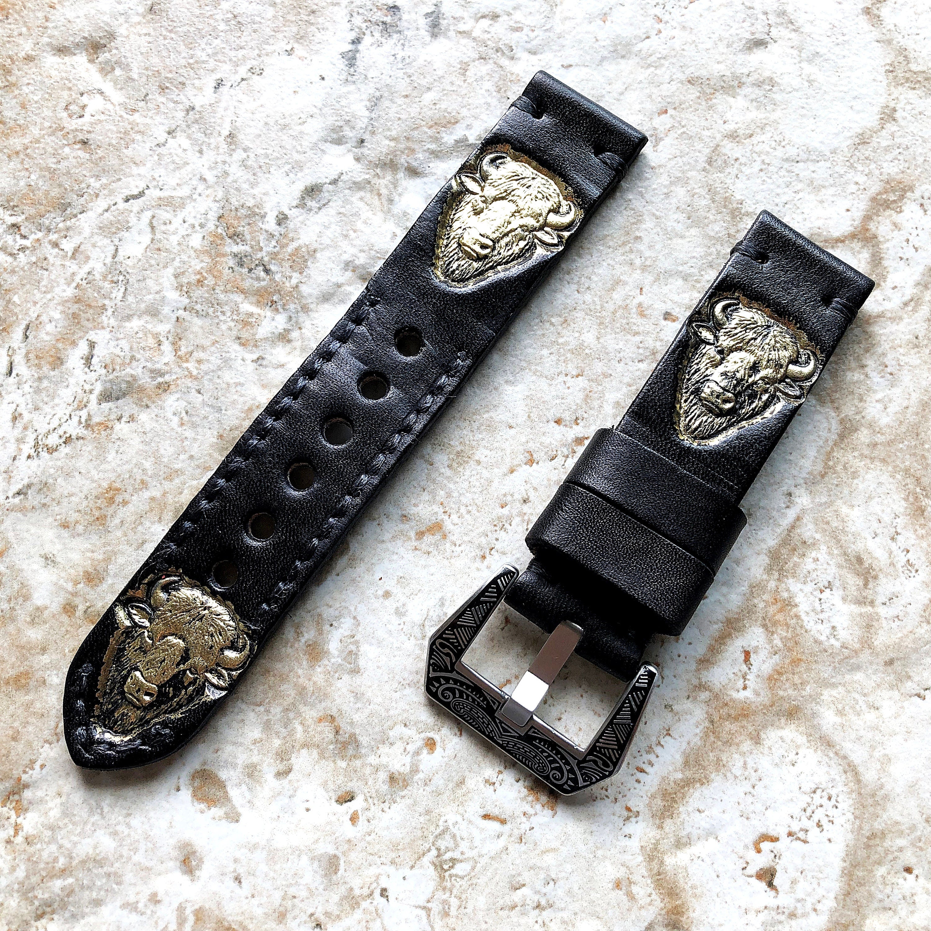 N American Bison Band 22mm 24mm 25mm Compatible with Apple Watch Fitbit Versa 2 3 4 Sense 2 Ionic Accented Embossed Tooled Leather Strap